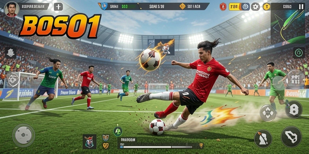 Screenshot gameplay BOS01 menampilkan aksi seru dalam pertandingan sepak bola.