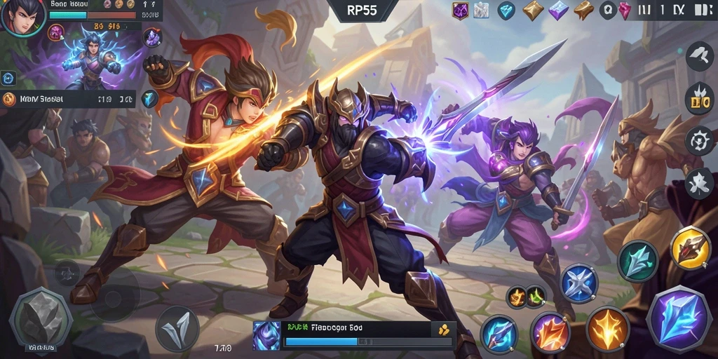 Tampilan aksi seru dalam permainan MOBA RP55.
